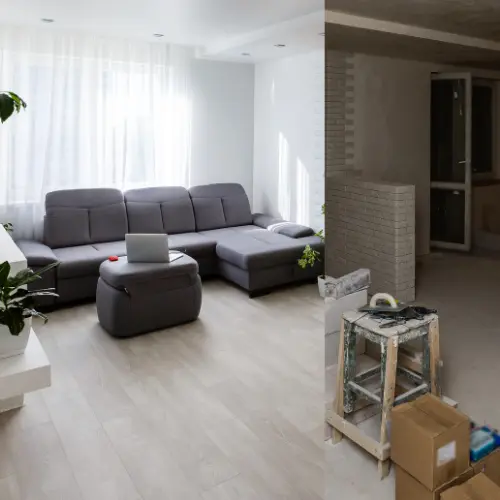 Wohnzimmer während der energetischen Sanierung mit neuer Dämmung