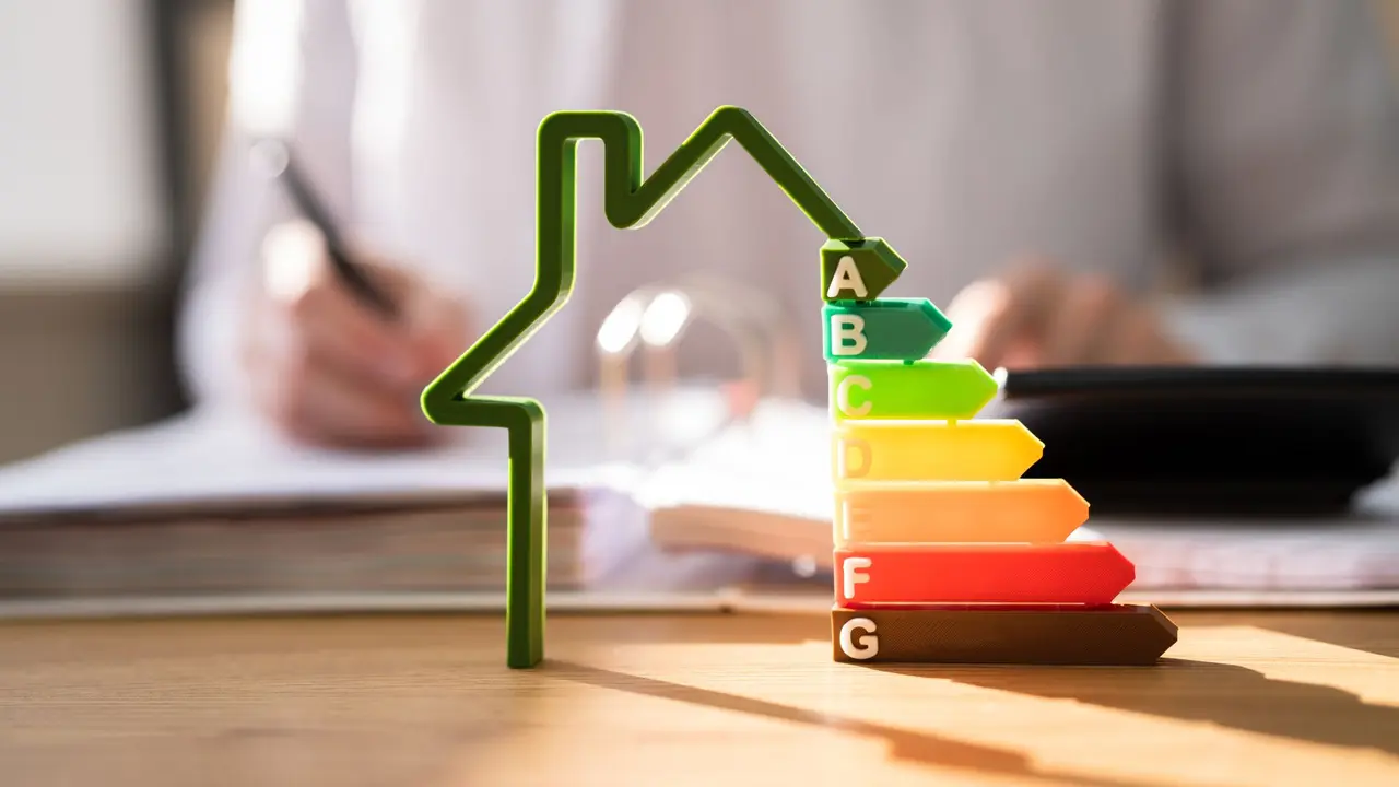 Hausplan mit Energieeffizienzskala von A+ bis H